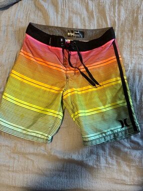 Hurley Boys’ Gradient Rainbow Stripe Board Shorts - Pink Orange Yellow Green, 8